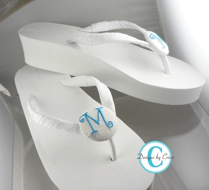 Bridal Flip Flops Wedge Platform Heel White Bride Wedding Ribbon Mongrammed
