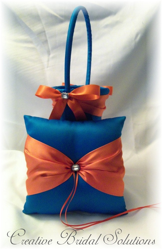 Turquoise and Orange Wedding Ring Pillow and Flower Girl Basket