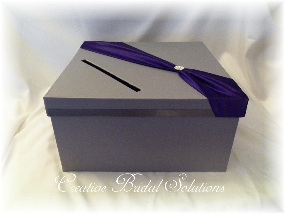 Pewter and Regal Purple Diagonal Sash Wedding Card Box Holder