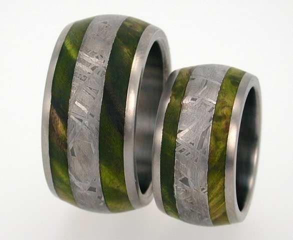 His Hers Wedding Rings Meteorite and Wood inlay in Titanium Ring