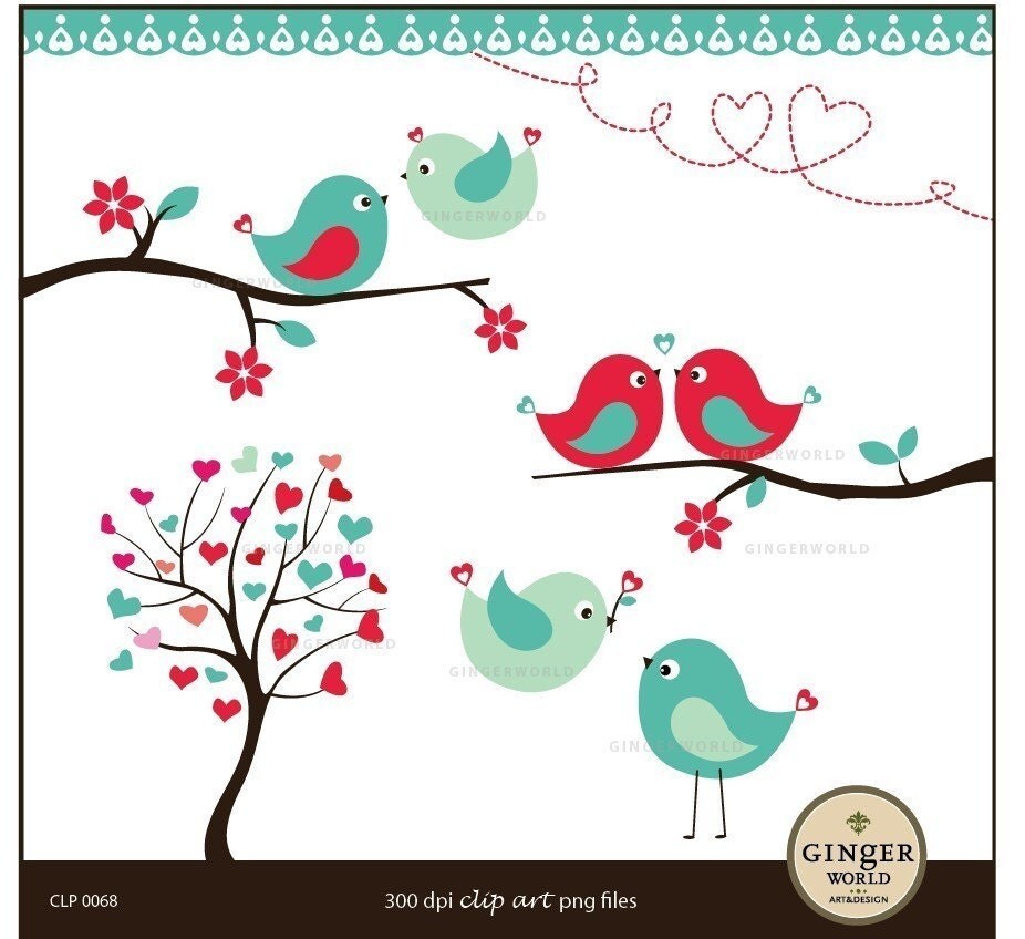 Kissing Love Birds Forest clipart digital file illustration for scrapbooking