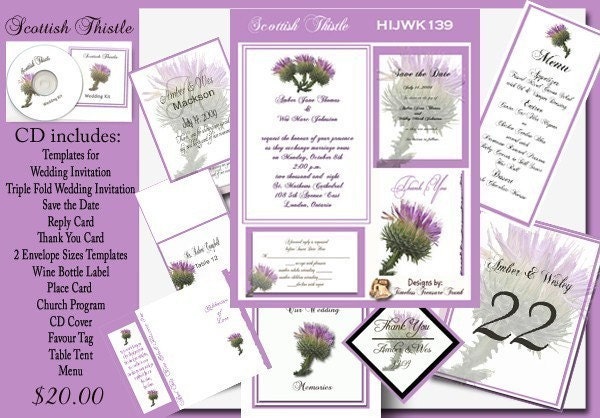 Delux Scottish Thistle Wedding Invitation Kit on CD