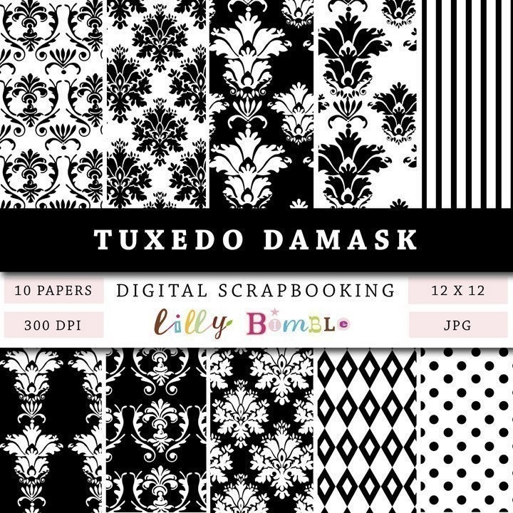 Damask Black and White digital papers for scrapbooking zoom TUXEDO DAMASK