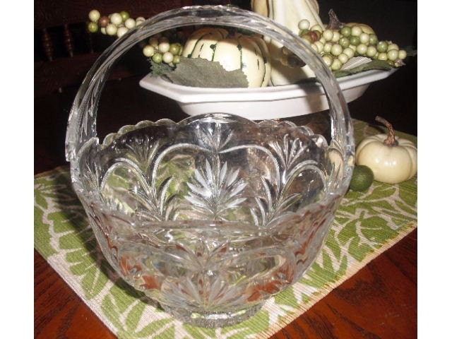 Vintage Cut glass Brides Basket Bowl Etched wedding center piece