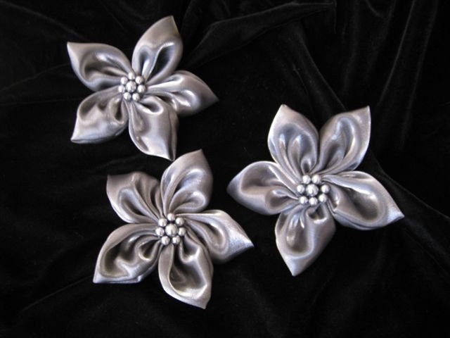 3 Pcs 2 inches Dark Gray Charcoal Organza Flower Appliques for Wedding