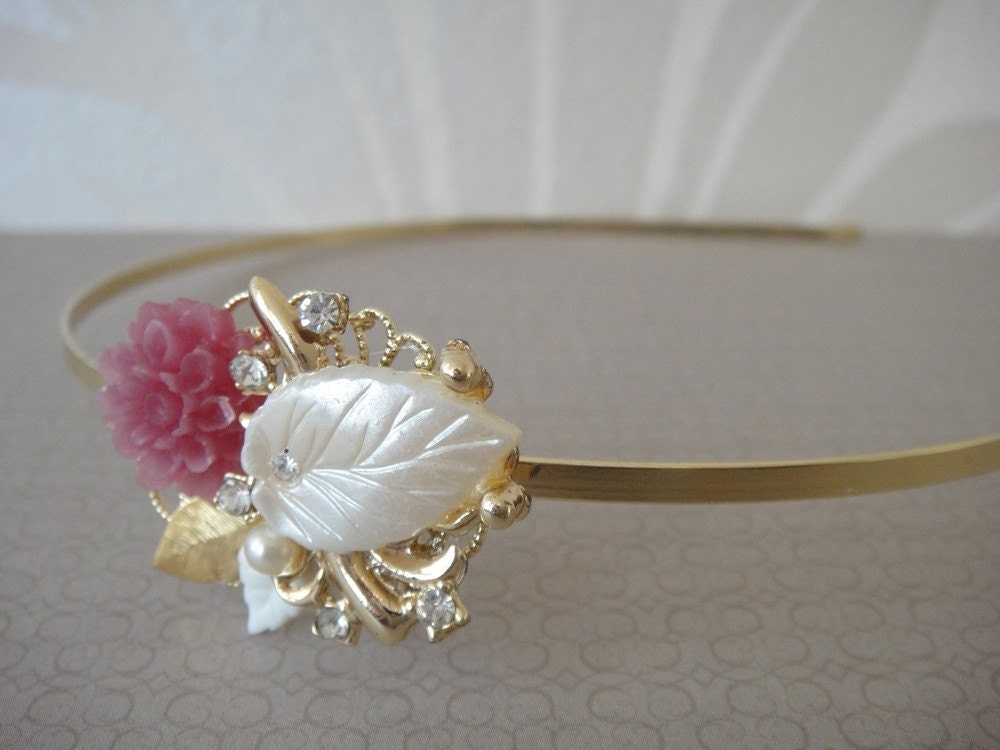 Bridal wedding headband in gold ivory and pink vintage collage shabby 