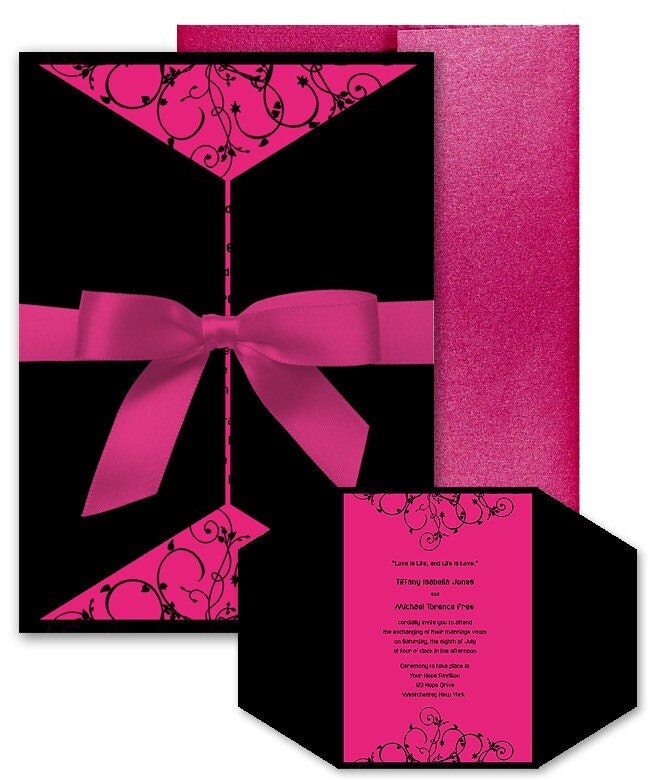 Cali Hot Pink Black Scroll Swirl Custom Wedding Bat Mitzvah Invitation 