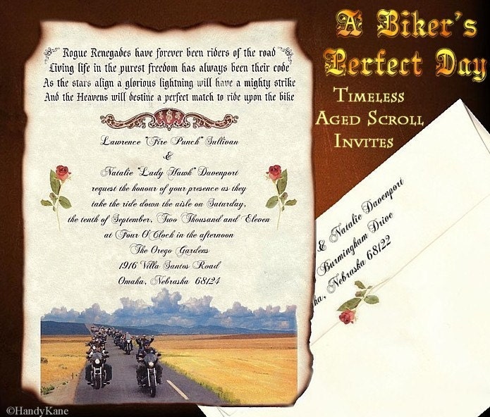 Qty 30 Motorcycle Biker Wedding Invitations favors harley fire flames love