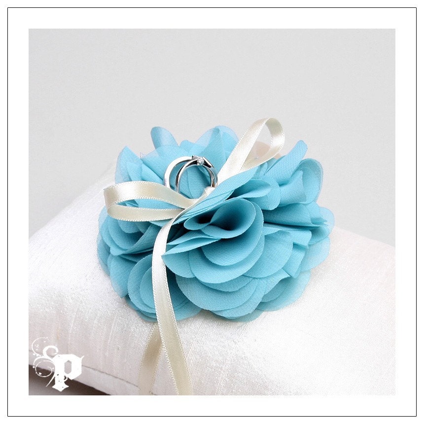 ANALISE delicate teal flower on cream wedding ring pillow LAST ONE