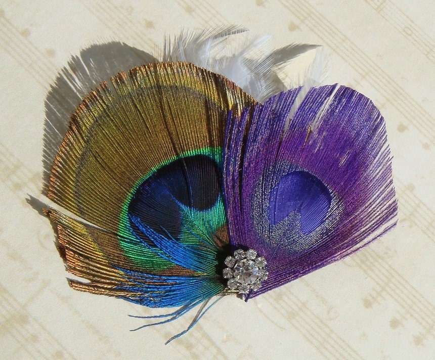 Masquerade Natural and Purple Teal White Peacock Bridal Hair Clip 