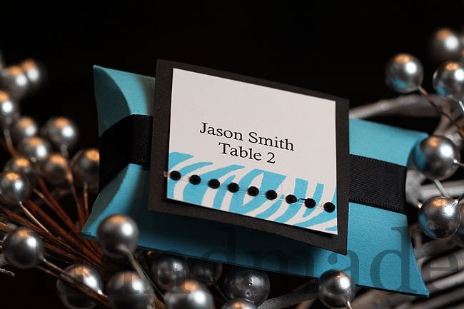 Turquoise and Black Pillow Box Wedding Favor Place card