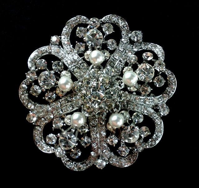 Wedding Dress Sash Brooch Swarovski Pearl Crystal Bridal Jewelry 