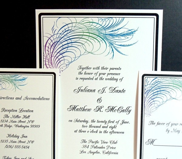 PRINTABLE Peacock Calligraphy Feather Wedding Invitation Set I set text 