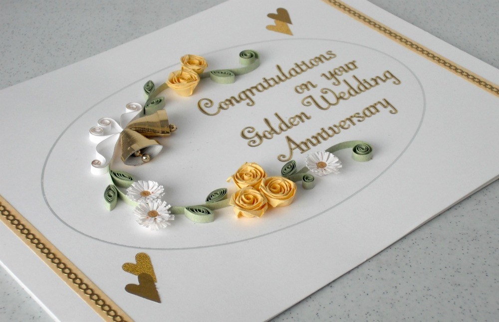 Handmade 50th anniversary card quilled golden wedding paper quilling