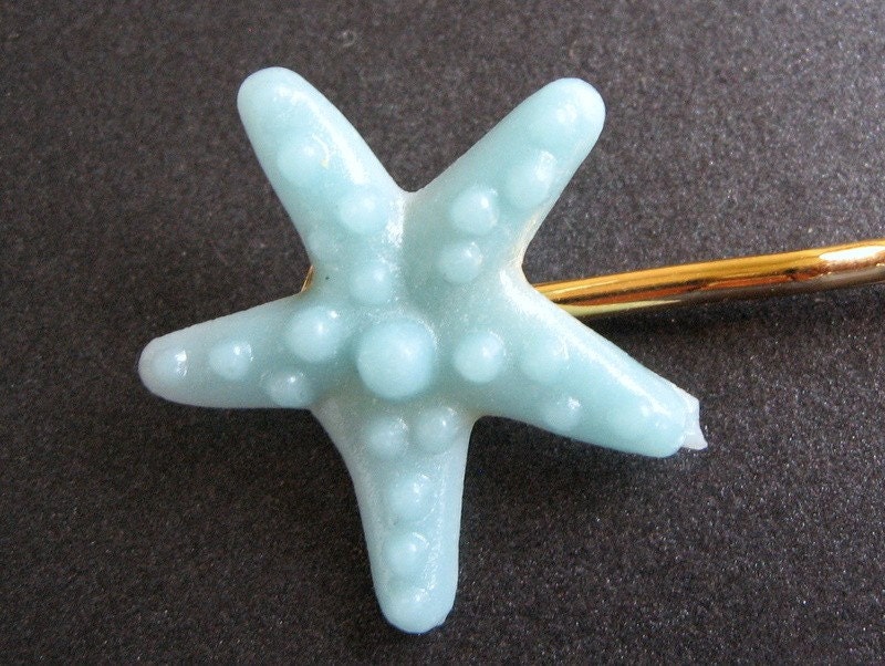 Aqua Starfish Bobby Pin Light Blue Starfish Gold Bobby Pin Beach Wedding 
