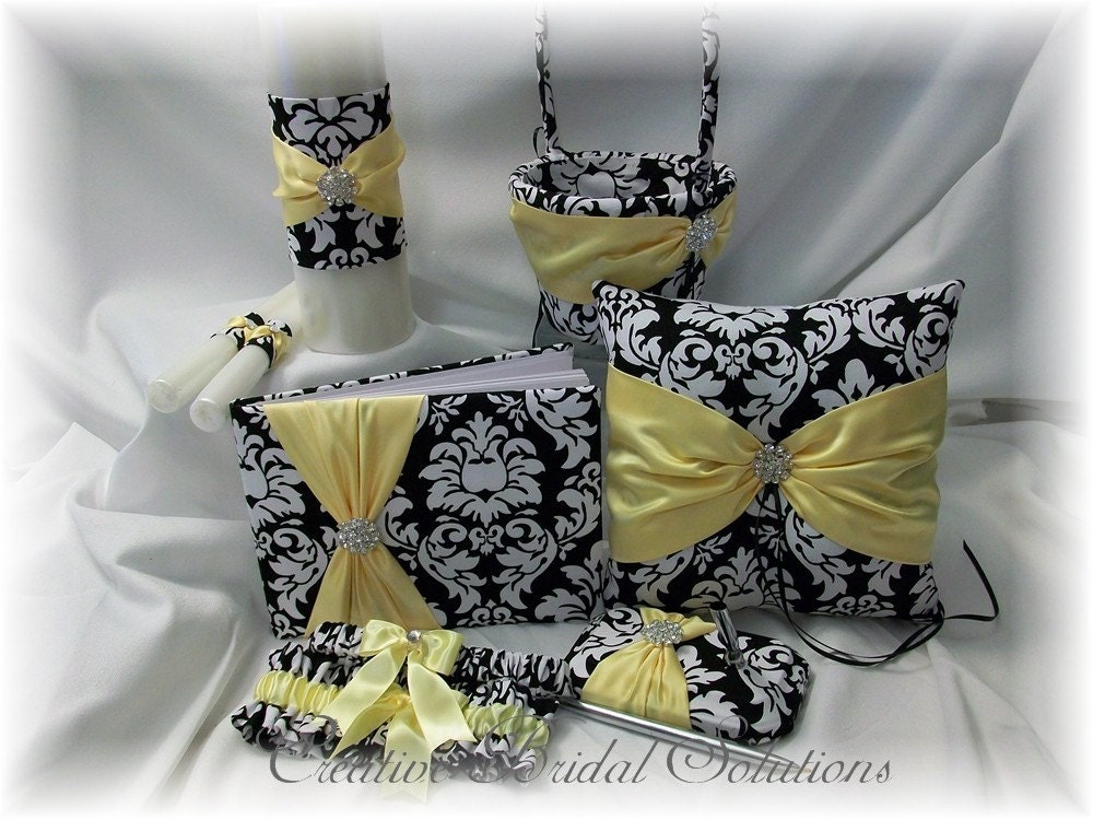 Black and White Dandy Damask with Yellow Wedding 6pc Set Ring Pillow 