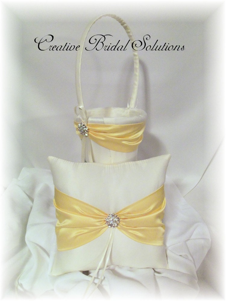 Ivory and Yellow Wedding Ring Pillow and Flower Basket From CreativeBridal