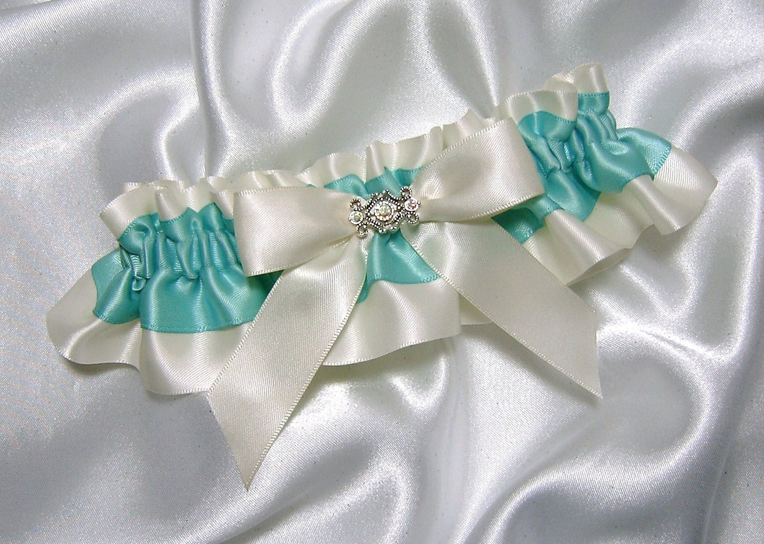 Tiffany and Ivory Satin Wedding Garter Set w Swarovski Crystal Toss