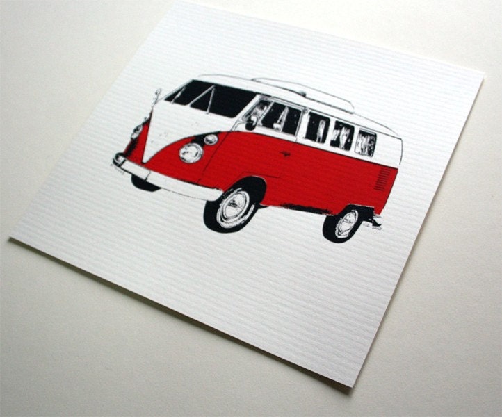 VW Bus Art Print Red Hand Printed