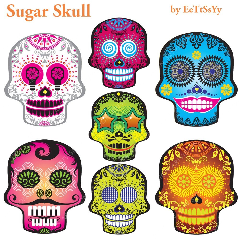 Set is of 7 sugar skulls clip