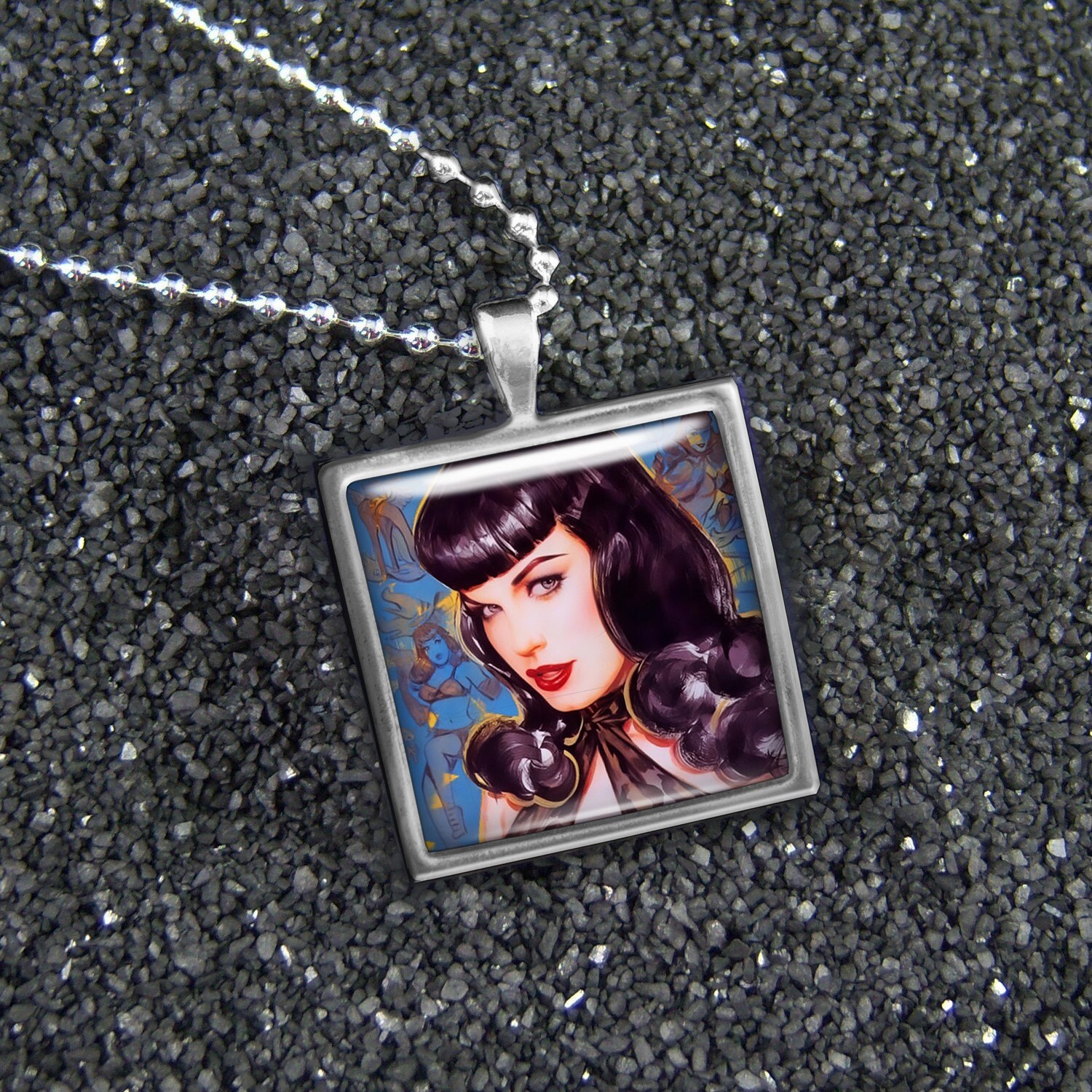 Betty Page Pinup Girl Art Antique Silver Necklace S325 Betty Page Pinup Girl Art Antique Silver Necklace S325