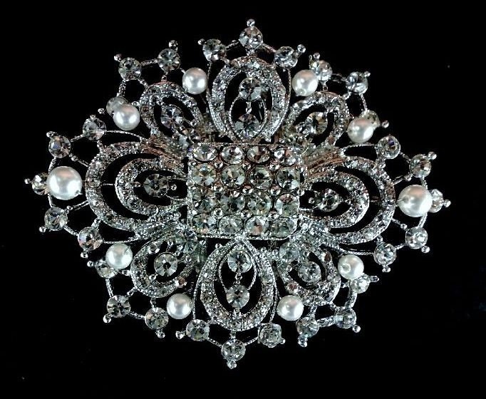 Lace Bridal Dress Bustier Brooch Wedding Sash Silver Crystal Jewelry LEAH