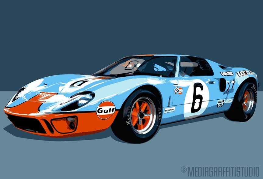 FORD Gulf GT40 blue orange white vintage sports car original artist singed 