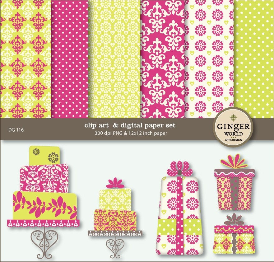 Digital paper birthday Party Cake Gift box clip art illustration for 