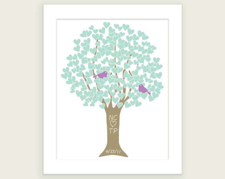 Love Birds Personalized Wedding Art Print Turquoise Violet and Taupe 