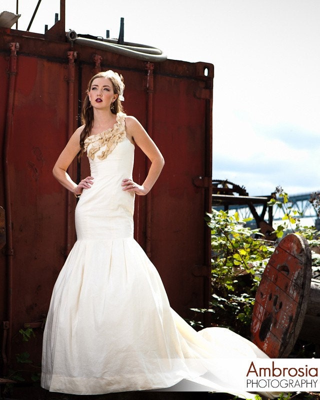 Hemp Silk Mermaid Wedding Dress Eco Friendly w Asymmetrical bodice teardrop 