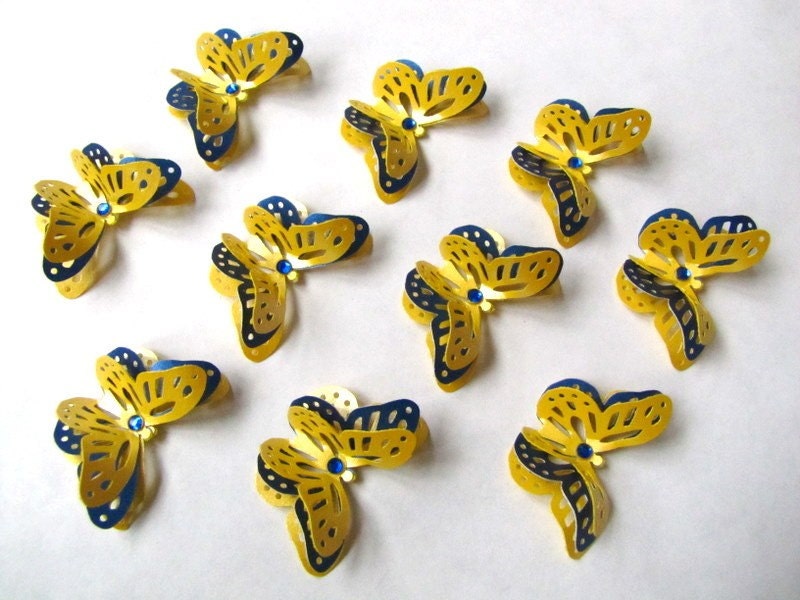 10 Yellow and Royal Blue Wedding Collection Butterfly Embellishments