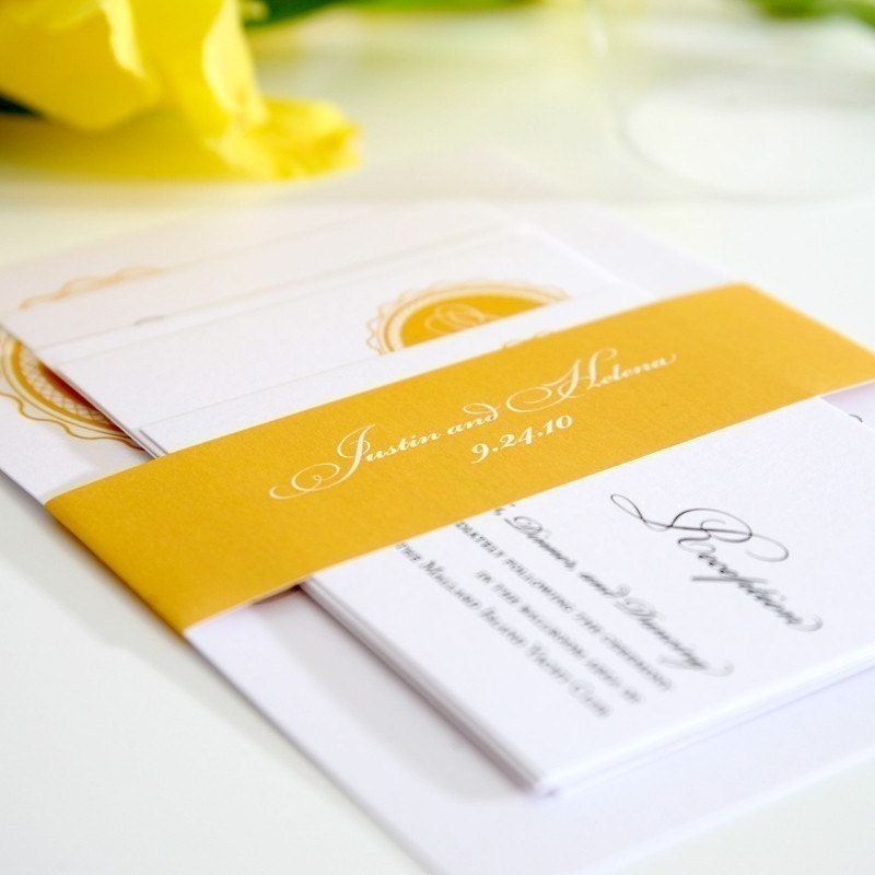 Medallion Monogram Wedding Invitation Suite in Golden Yellow on Pearl 