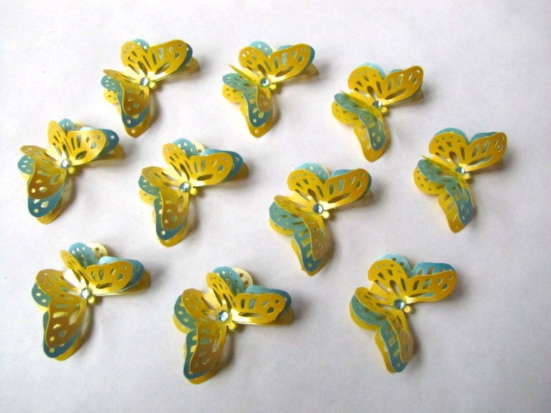 10 Yellow and Turquoise Wedding Collection Butterfly Embellishments
