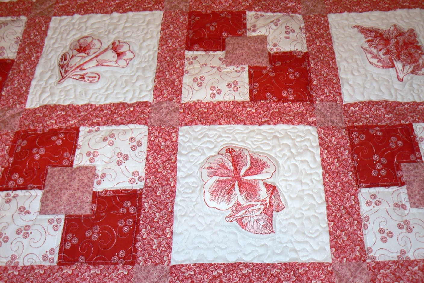 Hawaiian FlowersEmbroidered Full Size Quilt From arlenesaive