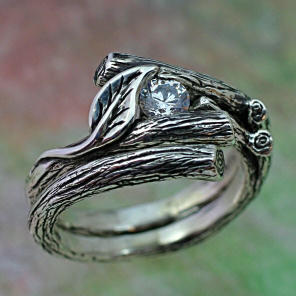 KIJANI Single Leaf Engagement Ring Wedding Band Set in Sterling Silver 