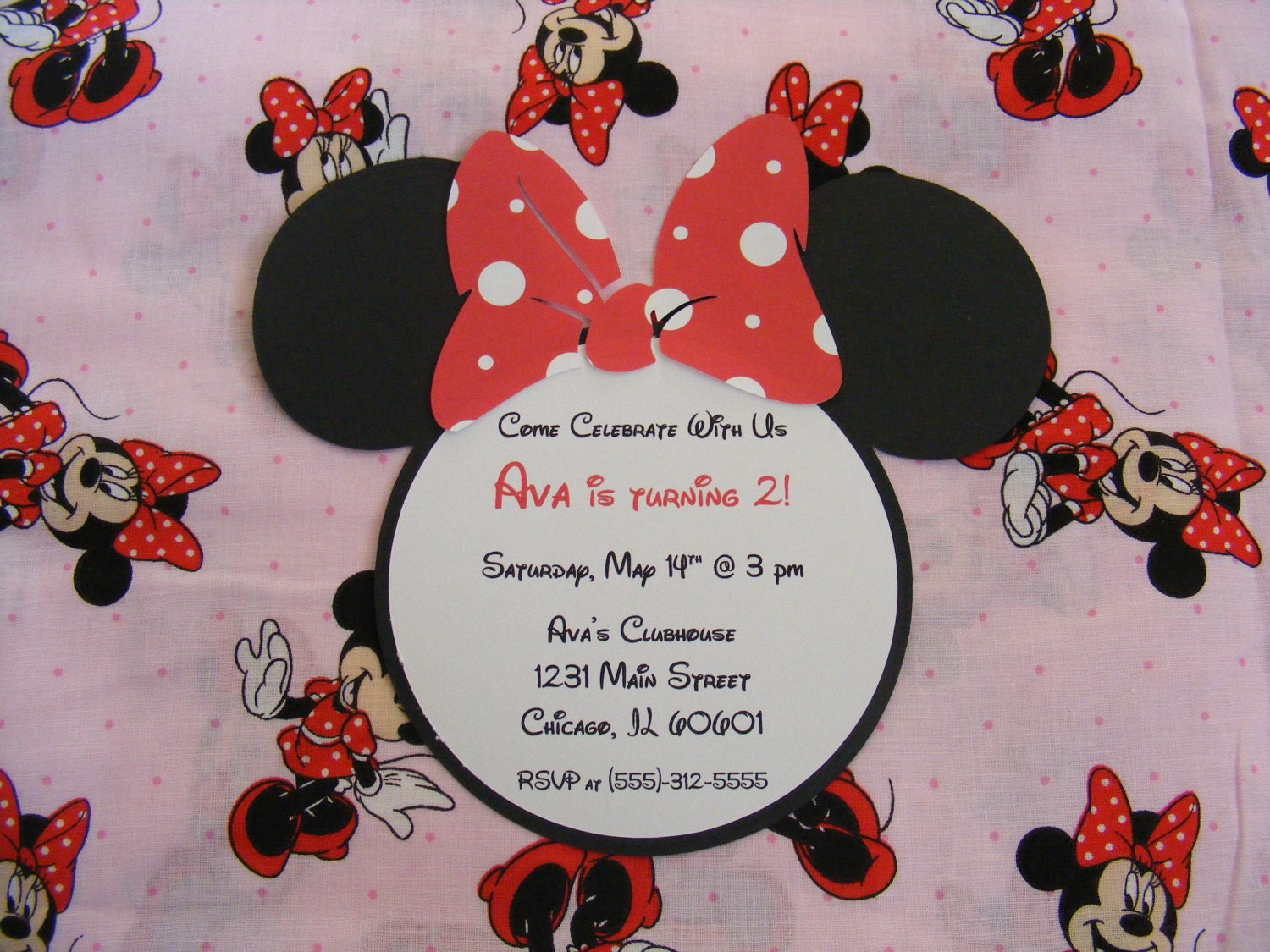 10 Custom Hand Made Minnie Mouse Invitations Envelopes Included