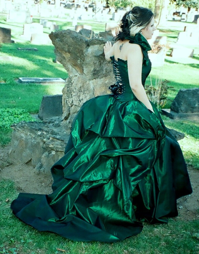 Green bustle gown victorian bustle gown green wedding gown corset gown 