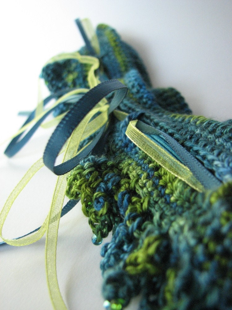 Beaded wedding garter silk yarn teal blue and lime green ribbon tie and 