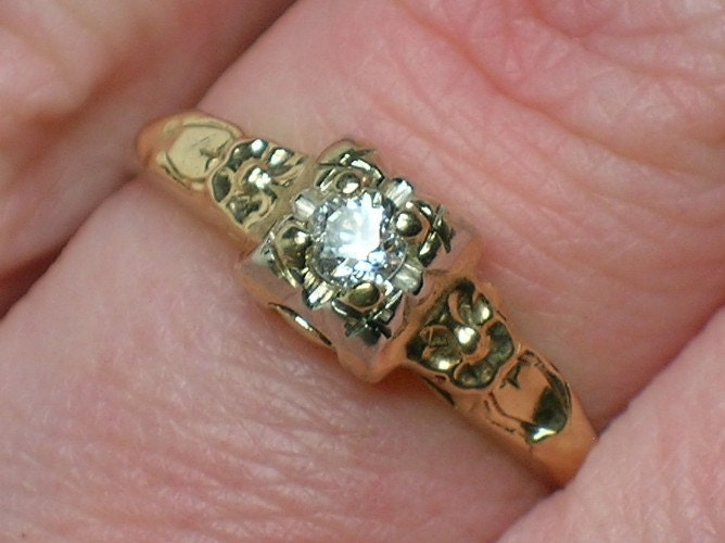 Vintage Diamond Engagement Ring 1930s Solitaire w Forget Me Not Flowers