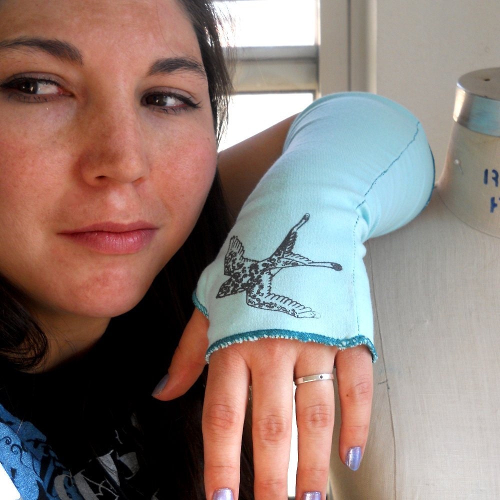 Long Fingerless Gloves Tattoo inspired light teal Bird Arm Warmers With