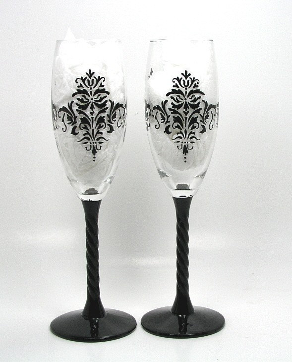 Black Damask Wedding Champagne Toasting Glasses Hand Painted by 