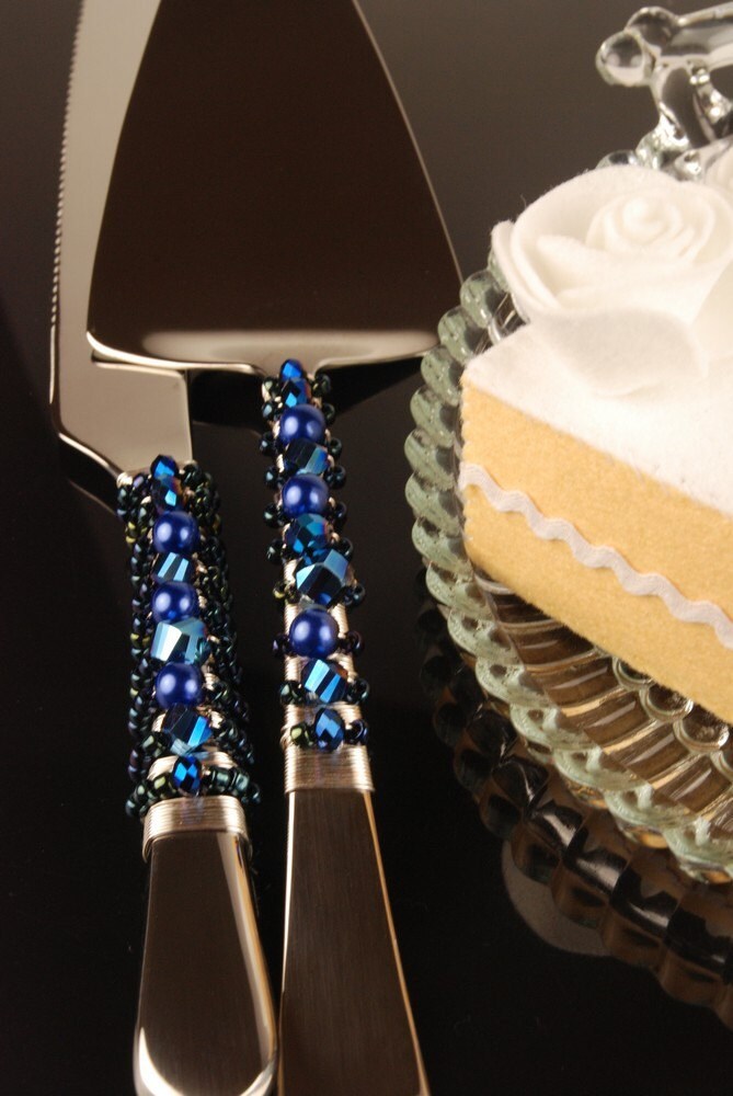 Metallic midnight blue wedding cake server and knife set handmade beaded 