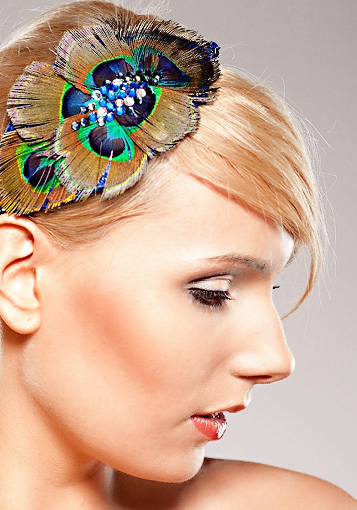 Peacock Eyes Feather Headpiece Weddings Bridal Genuine Swarovski 