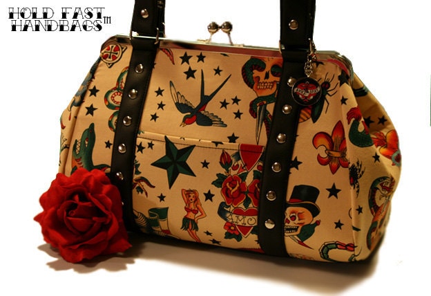 Tattoo Rockabilly Handbag Tan Cotton and Black Faux Leather Vinyl MADE TO 
