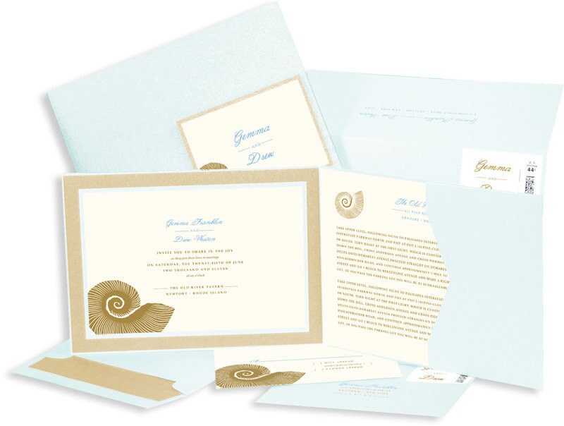 Metalli Arctic Blue Vintage Pocket with Seashell Wedding Invitation 