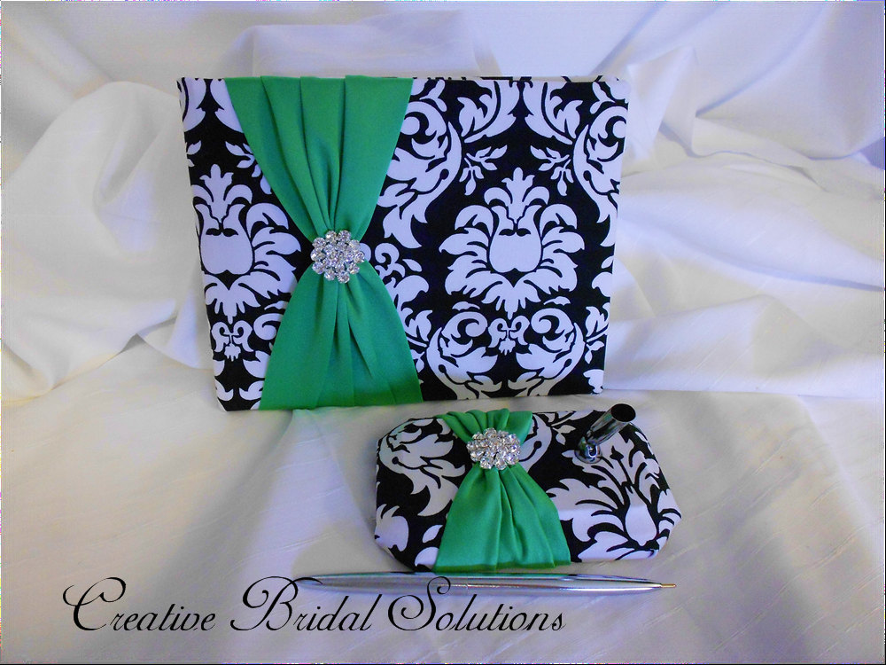 Black and White Damask with Green Wedding Guest Book and Pen Set