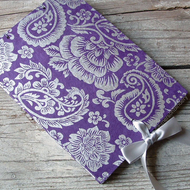 Small Wedding Guest Book Purple and Silver Paisley SMALL 7x5 