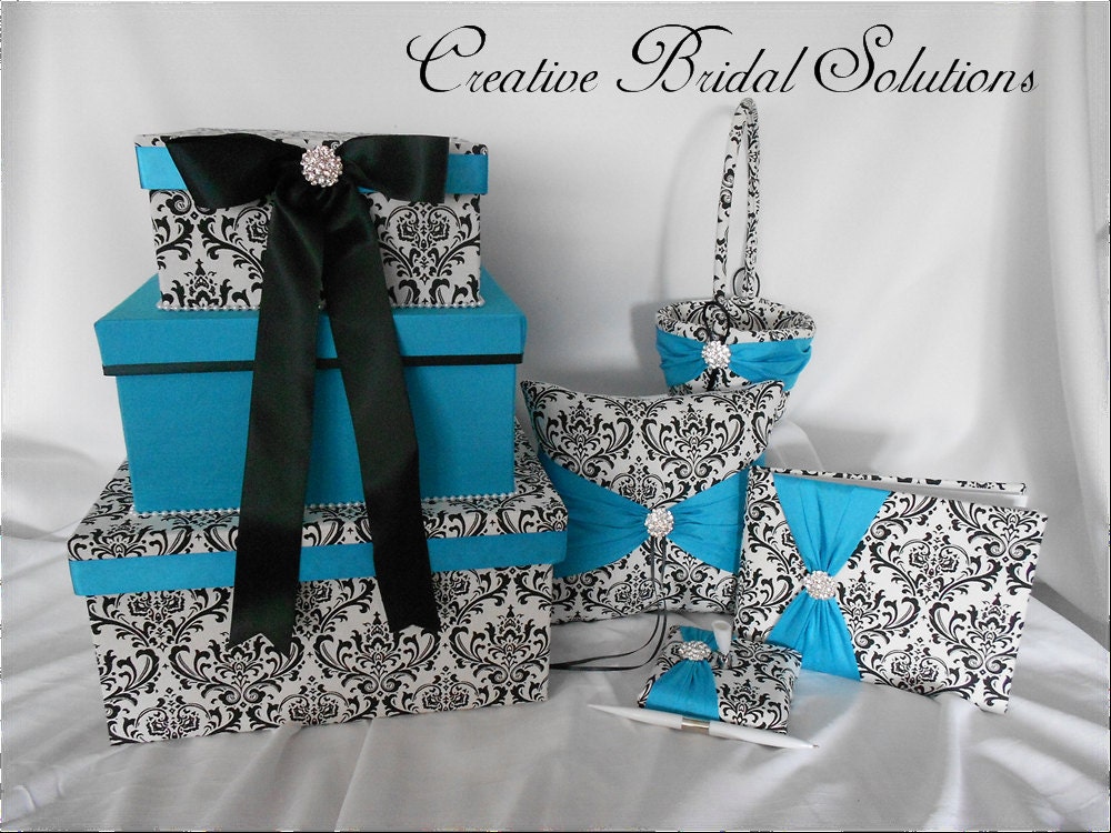 Black and White Madison Damask Wedding 5pc Set Turquoise with Card Box