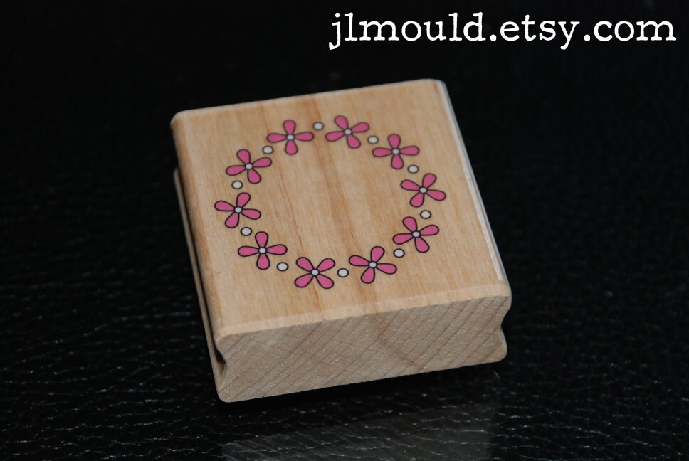 DIY Wedding Flowers in the Circle Red Rubber Stamp mounted on Wooden Block