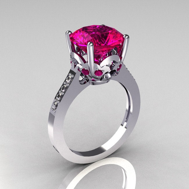 French Bridal 950 Platinum 35 Carat Pink Sapphire Pave Diamond Solitaire 